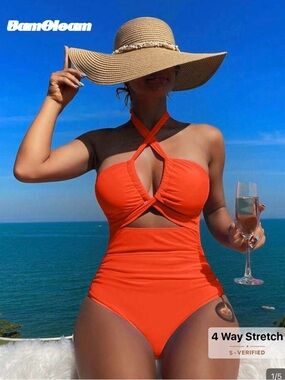 SHEIN Orange Crisscross Cutout One-Piece Swimsuit